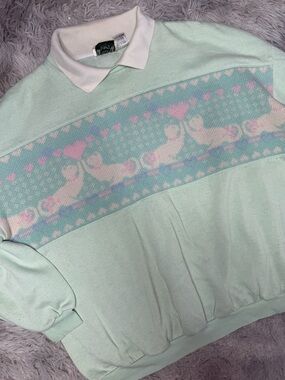 Vintage 90s Willow Bay Cat Heart Collared Knit Sweatshirt 42 22W Pastel
